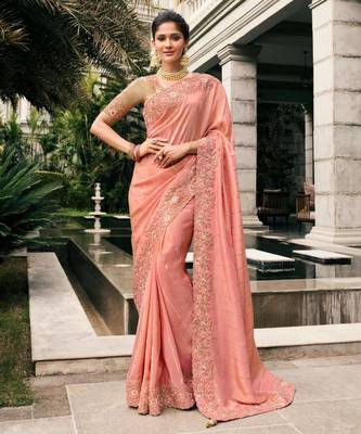 Celebrity inspired pink multi thread work  viscose saree with unstitched blouse 1
