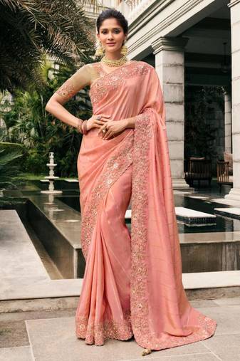 Celebrity inspired pink multi thread work  viscose saree with unstitched blouse