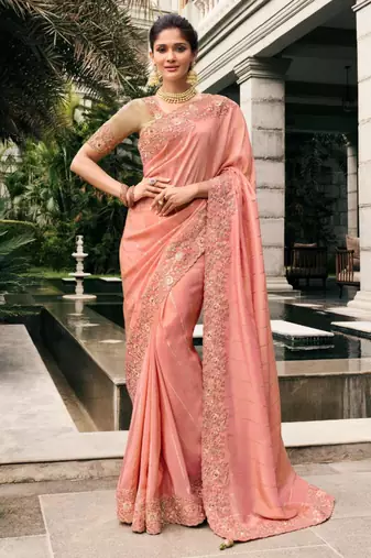 Celebrity inspired pink multi thread work  viscose saree with unstitched blouse