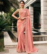 Celebrity inspired pink multi thread work  viscose saree with unstitched blouse