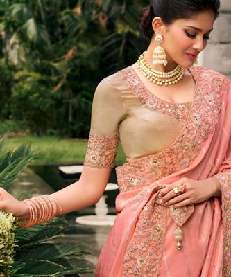 Celebrity inspired pink multi thread work  viscose saree with unstitched blouse 2