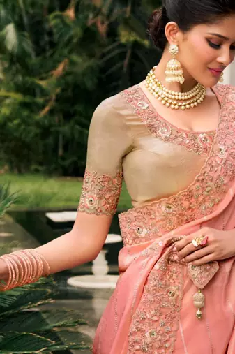 Celebrity inspired pink multi thread work  viscose saree with unstitched blouse