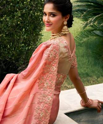 Celebrity inspired pink multi thread work  viscose saree with unstitched blouse 3