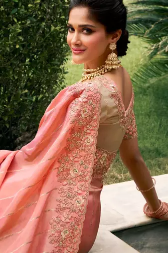 Celebrity inspired pink multi thread work  viscose saree with unstitched blouse