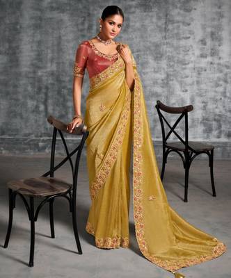  mustard resham & zari embroidery nylon zari satin silk saree with unstitched blouse 1