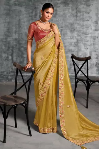  mustard resham & zari embroidery nylon zari satin silk saree with unstitched blouse