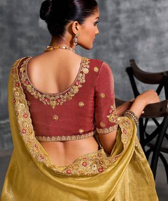  mustard resham & zari embroidery nylon zari satin silk saree with unstitched blouse 2