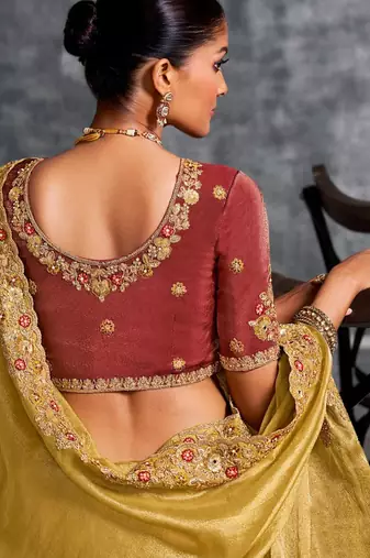  mustard resham & zari embroidery nylon zari satin silk saree with unstitched blouse