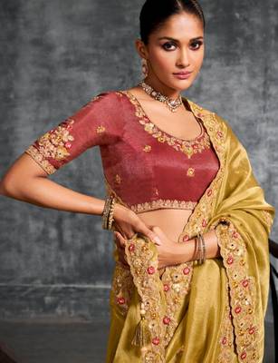  mustard resham & zari embroidery nylon zari satin silk saree with unstitched blouse 3