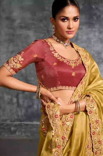  mustard resham & zari embroidery nylon zari satin silk saree with unstitched blouse