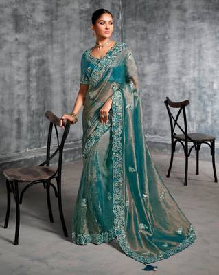 Kanjivaram sky blue multi work tissue silk saree with unstitched blouse 1