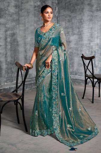 Kanjivaram sky blue multi work tissue silk saree with unstitched blouse