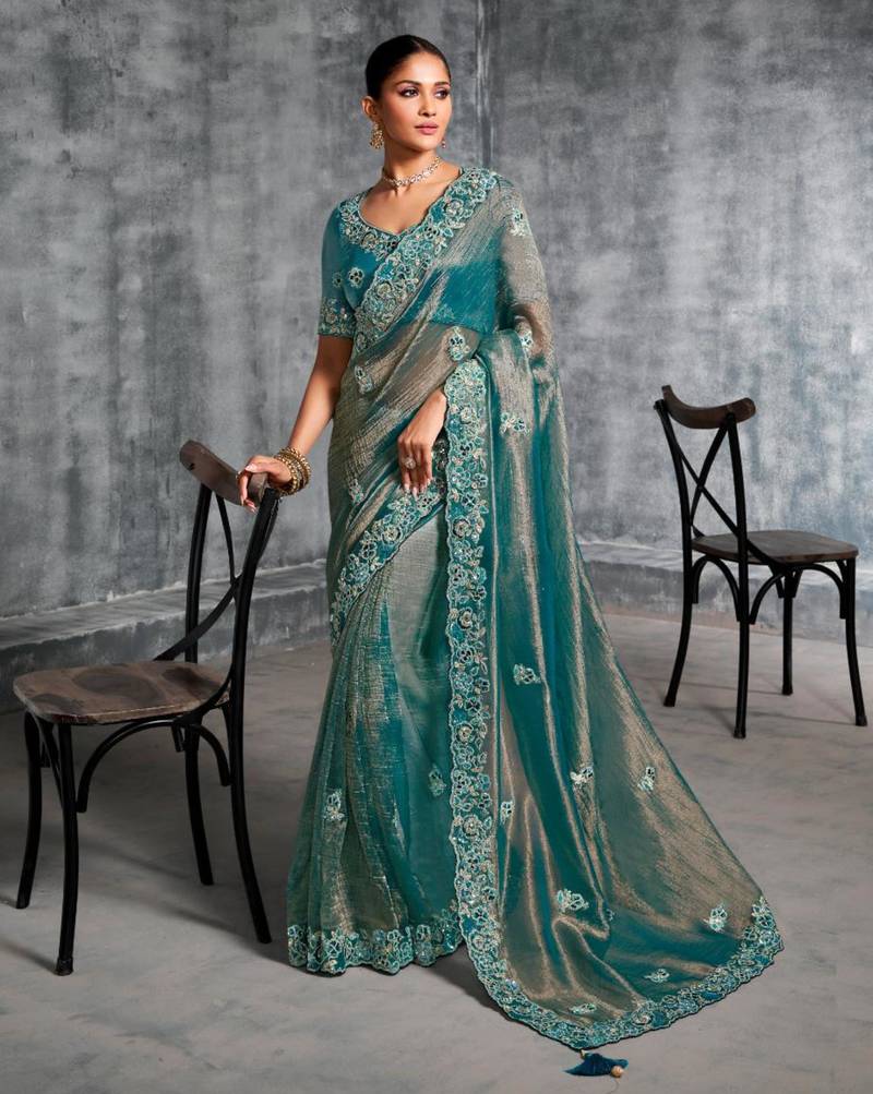 Kanjivaram sky blue multi work tissue silk saree with unstitched blouse