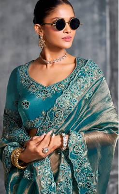 Kanjivaram sky blue multi work tissue silk saree with unstitched blouse 2