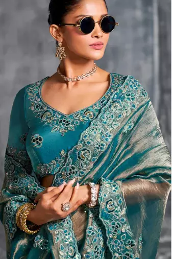 Kanjivaram sky blue multi work tissue silk saree with unstitched blouse