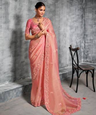  pink multi thread work tissue silk saree with unstitched blouse 1