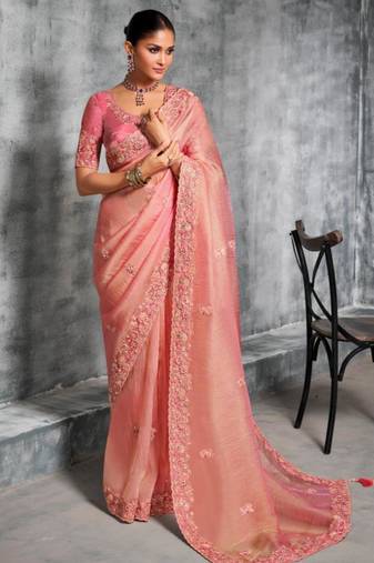  pink multi thread work tissue silk saree with unstitched blouse