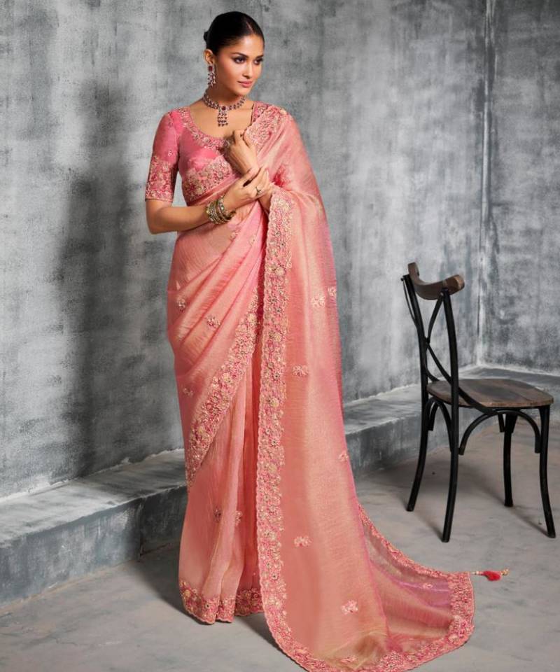  pink multi thread work tissue silk saree with unstitched blouse