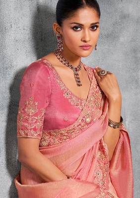  pink multi thread work tissue silk saree with unstitched blouse 2