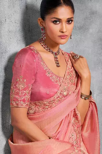  pink multi thread work tissue silk saree with unstitched blouse
