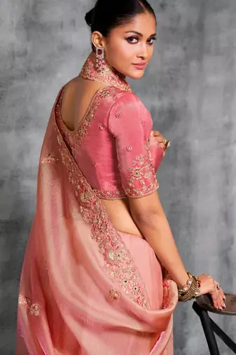  pink multi thread work tissue silk saree with unstitched blouse