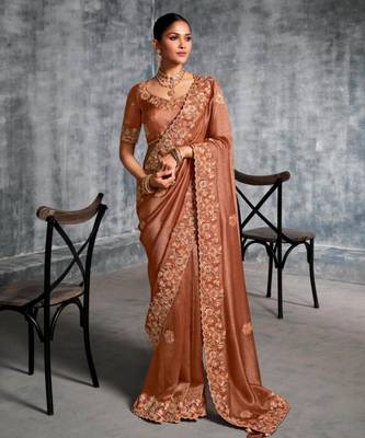  chocklate resham & zari embroidery nylon zari satin silk saree with unstitched blouse 1