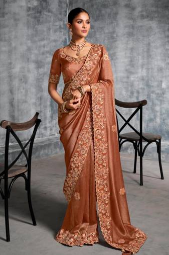  chocklate resham & zari embroidery nylon zari satin silk saree with unstitched blouse