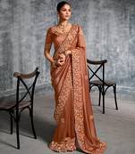  chocklate resham & zari embroidery nylon zari satin silk saree with unstitched blouse