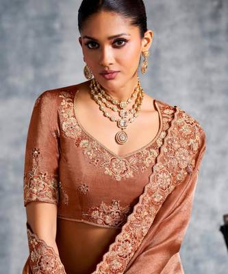  chocklate resham & zari embroidery nylon zari satin silk saree with unstitched blouse 2