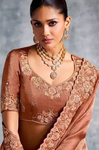  chocklate resham & zari embroidery nylon zari satin silk saree with unstitched blouse