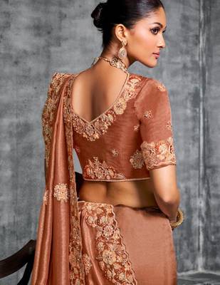  chocklate resham & zari embroidery nylon zari satin silk saree with unstitched blouse 3