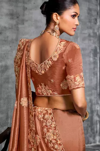  chocklate resham & zari embroidery nylon zari satin silk saree with unstitched blouse