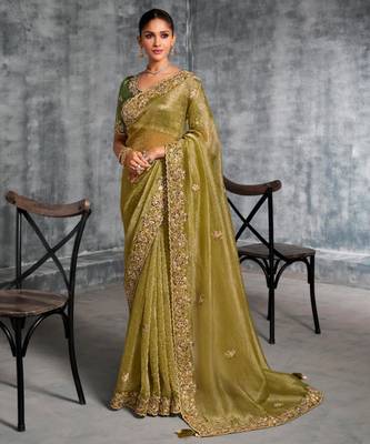 Light weight pista multi work tissue silk saree with unstitched blouse 1