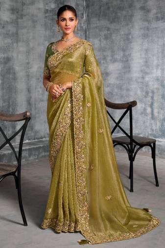 Light weight pista multi work tissue silk saree with unstitched blouse
