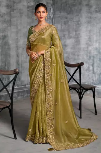 Light weight pista multi work tissue silk saree with unstitched blouse