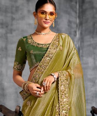 Light weight pista multi work tissue silk saree with unstitched blouse 2
