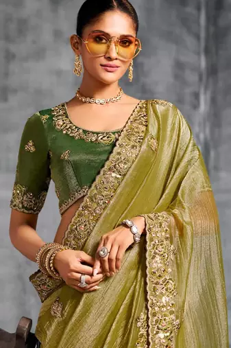 Light weight pista multi work tissue silk saree with unstitched blouse