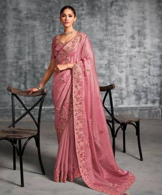 Fashionable peach pink multi thread work nylon zari satin silk saree with unstitched blouse 1