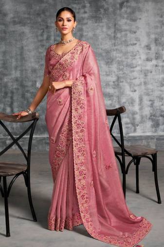 Fashionable peach pink multi thread work nylon zari satin silk saree with unstitched blouse