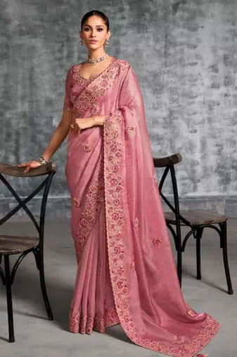 Fashionable peach pink multi thread work nylon zari satin silk saree with unstitched blouse