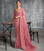 Fashionable peach pink multi thread work nylon zari satin silk saree with unstitched blouse
