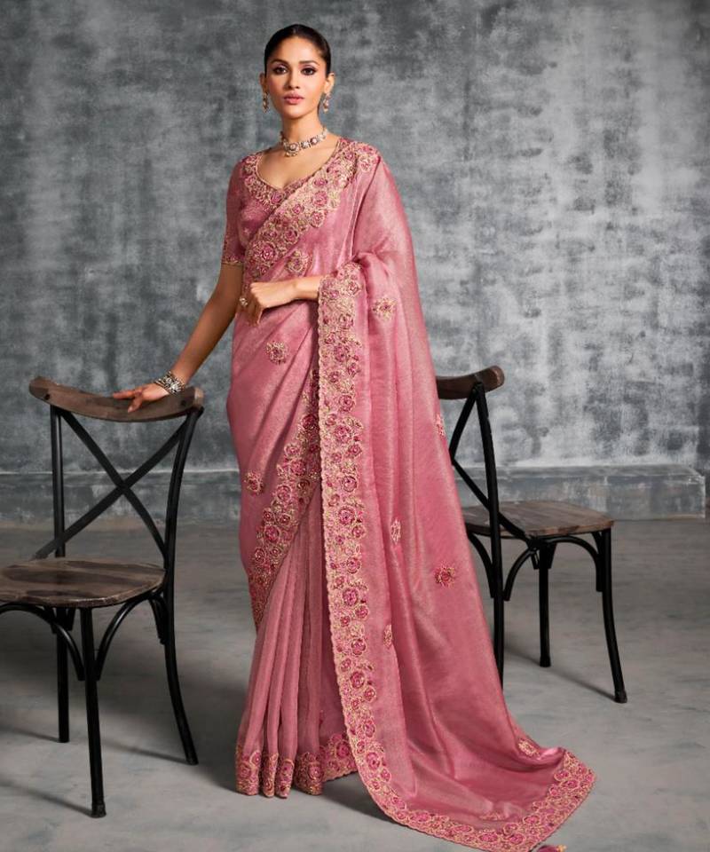 Fashionable peach pink multi thread work nylon zari satin silk saree with unstitched blouse