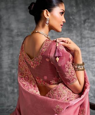 Fashionable peach pink multi thread work nylon zari satin silk saree with unstitched blouse 2