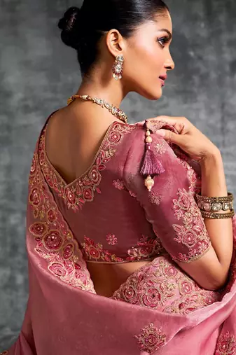 Fashionable peach pink multi thread work nylon zari satin silk saree with unstitched blouse