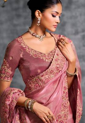 Fashionable peach pink multi thread work nylon zari satin silk saree with unstitched blouse 3