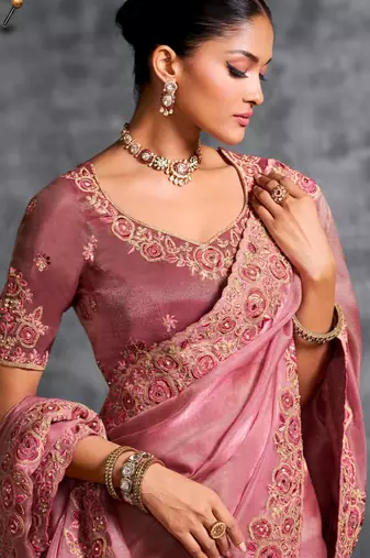 Fashionable peach pink multi thread work nylon zari satin silk saree with unstitched blouse