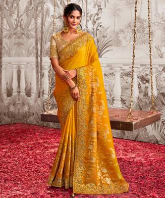 Soft silk mustard shaded resham & zari embroidery  viscose tissue saree with unstitched blouse 1