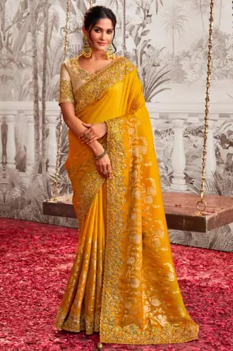 Soft silk mustard shaded resham & zari embroidery  viscose tissue saree with unstitched blouse