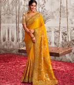 Soft silk mustard shaded resham & zari embroidery  viscose tissue saree with unstitched blouse