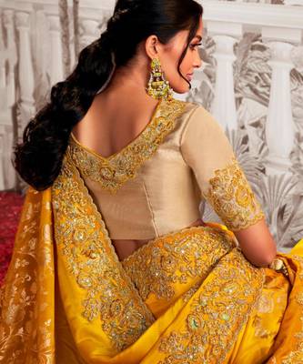 Soft silk mustard shaded resham & zari embroidery  viscose tissue saree with unstitched blouse 2